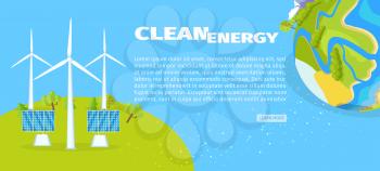 Clean energy template with solar panels on green and planet symbol in corner colorful poster with informative text. Green life vector illustration