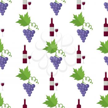 Red wine in glass and bottle, blue grapes bunch with leaf vector illustrations formed in endless texture. Winery products seamless pattern.