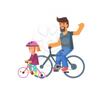 Family bike ride with dad and little daughter on bicycles vector illustration isolated on white. Fatherhood concept, celebrating holiday together