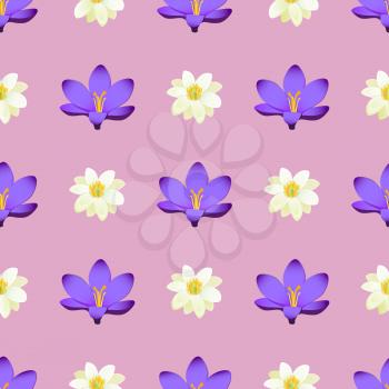 Seamless pattern with crocus meadow flower blossom isolated on purple background. Endless texture with tender flowers in flat style, wallpaper design