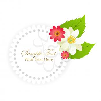 Sample text your text here happy holidays postcard with red and white flower buds and leaves, shiny gold italic sign and round frame isolated vector illustration.