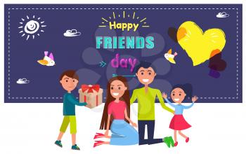Happy friends day poster with celebrating young family sitting on ground and receiving gift bow from little son vector illustration