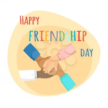 Happy friendship day illustration. Kids hands crossed together on yellow background. Vector illustration of international friendship. Holiday of togetherness, unity and having fun with friends.