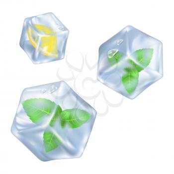 Refreshing solid ice cube with slice of lemon and two pieces with mint isolated on white background vector illustration.