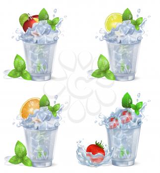 Cold beverages with cool ice, mint leaves, red apple, sour lime, juicy orange and sweet strawberry isolated vector illustrations on white background.