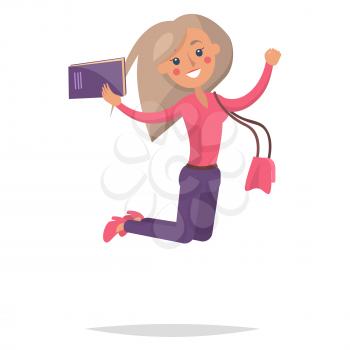 Jumping blonde girl student in pink sweater and shoes with book and purse isolated on white background. Emotion of happiness expression vector illustration. Reaction for successful exams passing.