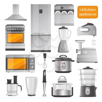 Kitchen appliances that can bake, heat meals, blend substances, mince meet, keep products fresh and mix ingredients vector illustrations.