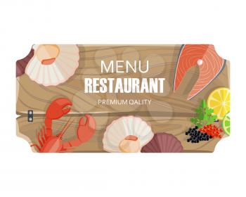 Restaurant menu with seafood of premium quality vector colorful illustration of isolated wooden cutting board having fish and other products