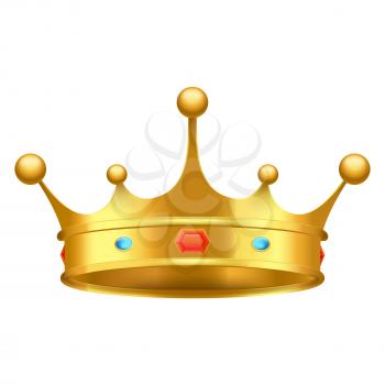 Golden crown with red and blue stones close-up isolated on white. King greatness subject decorated with luxury ornaments vector illustration.