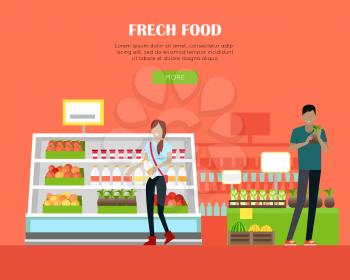 Fresh food in supermarket concept web banner. Flat style. Shopping in grocery store. Customers choose daily products from mall shelves. Illustration for retail shops adventuring and web page design. 