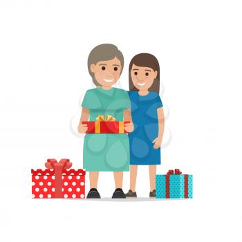 Girl hugs her mother and makes her a present on white background. Mother and daughter. Illustration of love and Christmas spirit. Winter holiday celebration with family vector illustration.