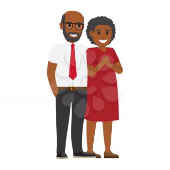 Middle-aged African American pair standing together vector. Smiling spouses in elegant clothes isolated on white background. Happy parents-in-law illustration for wedding and family holidays concept