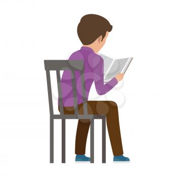 Boy spends time by reading book view from back. Vector illustration of young male person attentively finding out more information from textbook on white. Quiet process of learning and educating