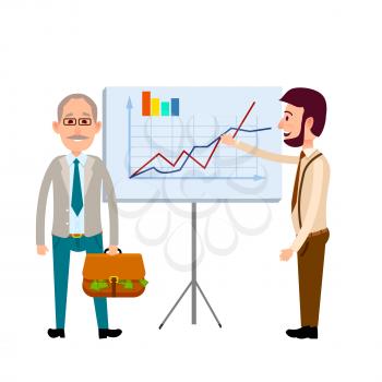 Two men standing near poster with charts flat icon isolated on white. Vector illustration of gray-haired man holding brown bag with green money and young male with beard shows by one hand on diagram.