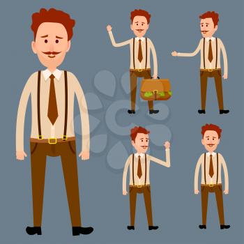 Redhead male cartoon character with mustaches in brown trousers with suspenders, shirt and tie isolated vector illustration. Man with raised hand, with briefcase full of money and simple model.