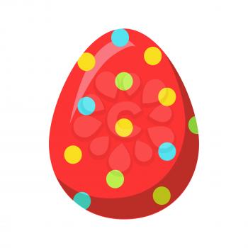 Easter egg isolated on white background. Holiday mascot oval shape, red egg with green dots and round yellow and blue circles. Vector illustration of chocolate sweet candy present in cartoon style