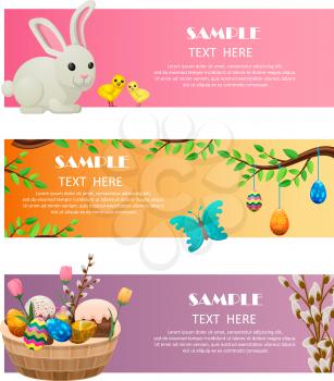 Spring and easter festive web banners set. Cute bunny, little chickens, fairy butterfly, wicker basket with sweets and flowers vectors. Horizontal concepts with springtime symbols and sample text