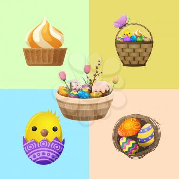 Easter festive flyer. Wicker basket with painted eggs, paschal bread, little chicken in eggshell, cupcake, tulips an pussy willow vector. Easter holiday attributes illustrations for greeting cards
