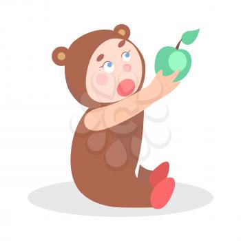 Little child in bear suit with green apple cartoon icon. Toddler character seating with fruit in hands flat vector illustration isolated on white. Kids natural nutrition or costumed party concept