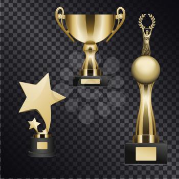 Golden trophy cups for outstanding sport, music and acting achievements isolated on black transparent background. Goblets for successful contest participation and epic win vector illustration.