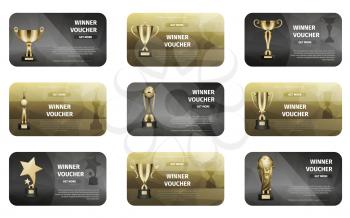 Winner voucher set in golden and silver colors. Gold trophy for victory business vector illustration banners. Prize for success, honorable award for great achievements in marketing and teambuilding.