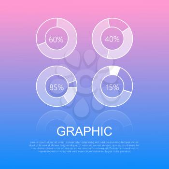Round graphics template design with informative text on light smooth blue-pink background. Vector illustration of four circular diagrams with 14, 60, 85 and 15 percents inside in flat style.