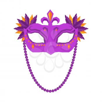 Mardi Gras mask isolated on white background. Carnival poster with masque with colored feathers illustration. Big festival promotion logotype. Vector illustration of advertisement sign board in flat