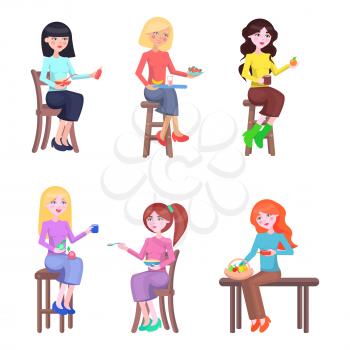 Mothers stretching hands with food in dinnerware poster with white background. Vector feeding process, mums casual daily routine. Mothers sitting on wooden stools or bench and giving healthy meal
