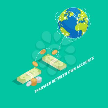 Set of money transfer between own accounts graphic icon on turquoise background. Banknotes and coins that transferred to different parts of planet. Vector illustration in cartoon style flat design.