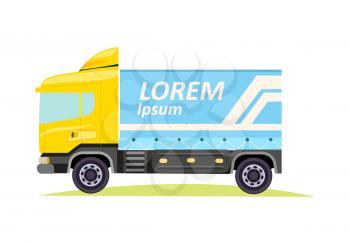 Blue and yellow large truck with emblem of firm on white background vector illustration. It is a motor vehicle designed to transport cargo. Lorry has wheels, cabin window and door, tyres semitrailer