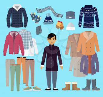 Boy in warm clothes stands in centre with clothing kinds around on light blue background. Vector poster of jacket and coats types, dark sweater, grey hat and gloves, colourful trousers and boots