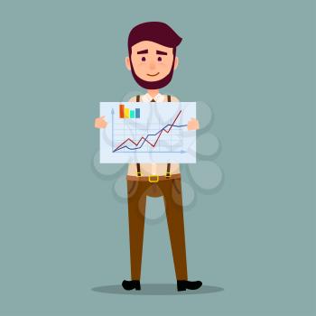 Presentation results of successful work concept. Businessman standing with placard with graphs, curves and diagram in hands flat vector. Showing financial forecast or business plan illustration