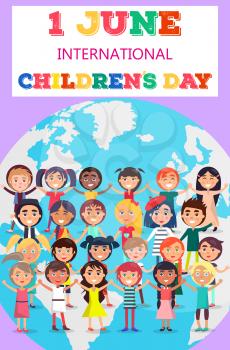 1 June international children s day vector poster of many kids holding hands from various countries standing on earth symbol