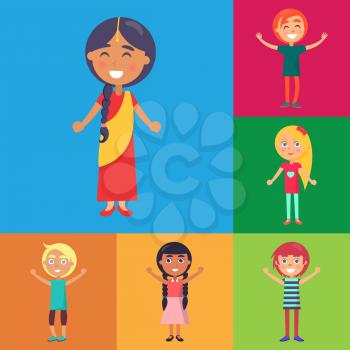 Indian girl in national dress and active and happy kids from various countries on colorful background vector poster. Childhood celebrating template