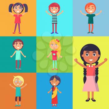Cheerful kids on color greeting cards wishing happy childrens day. Vector illustration dedicated to international holiday for teens care