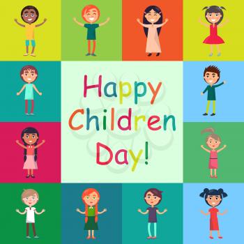 Happy children day greeting card design. Active kids multi nationalities on colorful background vector poster. Celebrating global international holiday concept