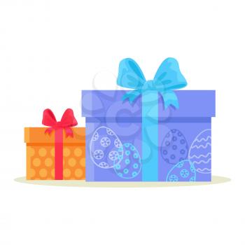Happy Easter gift boxes isolated on white background. Orange present package with round circles and decorated with red tape and bow and blue box with ornamental eggs vector illustration flat style