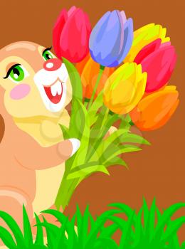 Cute bunny on grass holding bouquet of colorful tulips cartoon vector. Romantic gift concept with scented flowers posy and fluffy animal for easter, valentines, mother day greeting cards design