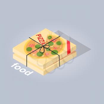 Delivered pizza from online food store web banner flat design on gray background. Two cardboard boxes with eating tied with black rope. Vector illustration of e-commerce in cartoon style art theme.