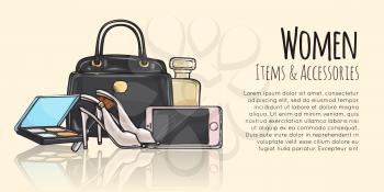 Women items and accessories web banner. Black purse, phone, high-heeled shoes, perfume, eyeshadows palette with mirror in square case. Fashionable female objects. Poster. Cartoon style. Vector