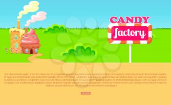 Candy factory in form of cupcake and waffle on wide green meadow with signboard in form of lollipop vector illustration.