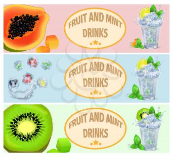 Summer fruit and mint drinks promotion poster with vector illustrations of papaya, green kiwi, frozen fruits and berries and prepared cocktailes.