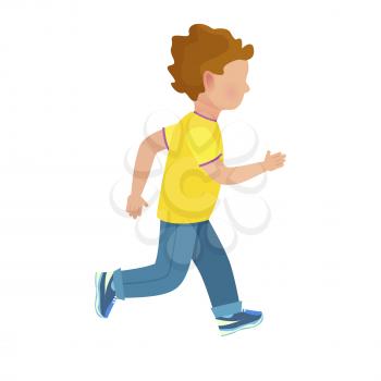 Faceless little boy in yellow T-shirt, jeans and sneakers runs away fast isolated vector illustration on white background.