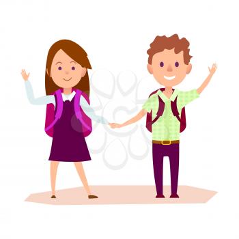 Schoolgirl and schoolboy stands and waves one hand, other arm keeps together. Lovely schoolchildren with color knapsackes vector illustration.