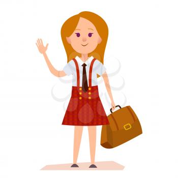 Young girl in school uniform of red plaid skirt, tie and blouse with leather bag waves hand isolated vector illustration.