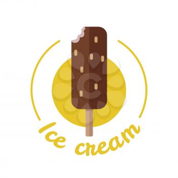 Vector sweet frozen ice cream. Ice cream icon. Summer cold ice cream with chocolate. Dessert illustration. Cold milk product. Ice cream logo on white background