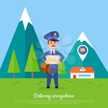 Delivery everywhere. Postman delivers mail envelope to the furthest parts of the world. Mailman in suit holding envelope and mountains with snowy tops behind him. Vector web banner in cartoon style