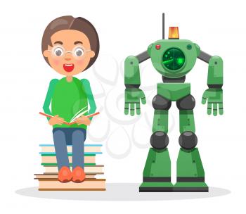 Child in glasses sits on pile of books and reads beside green robot with flasher and radar isolated vector illustration on white background.