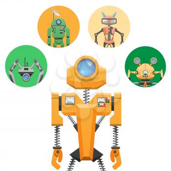 Yellow robot with retractable round eye and four small round icons. Metal electronic device with black springs, measuring scale, dish antenna, colored buttons and switches vector illustration
