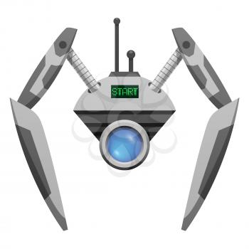 Android robot with glass button and two pincer hands and antennas isolated on white background. Metal device can be used as closed-circuit television camera vector illustration in flat style